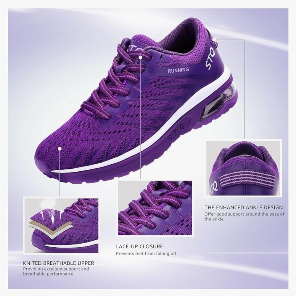 STQ Lightweight Air Cushion Shoes, Road Running w/ Arch Support Dark Purple 5.5 - Picture 12 of 13